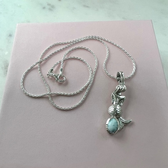 .925 Sterling Silver Natural Larimar Mermaid Silhouette Becklace - Picture 10 of 16